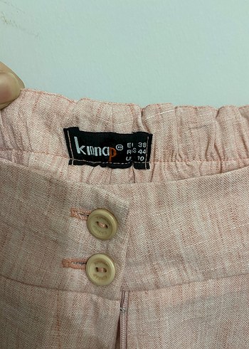 Pembe Keten Midi Pilili Kadın Pantolon - Görsel 3