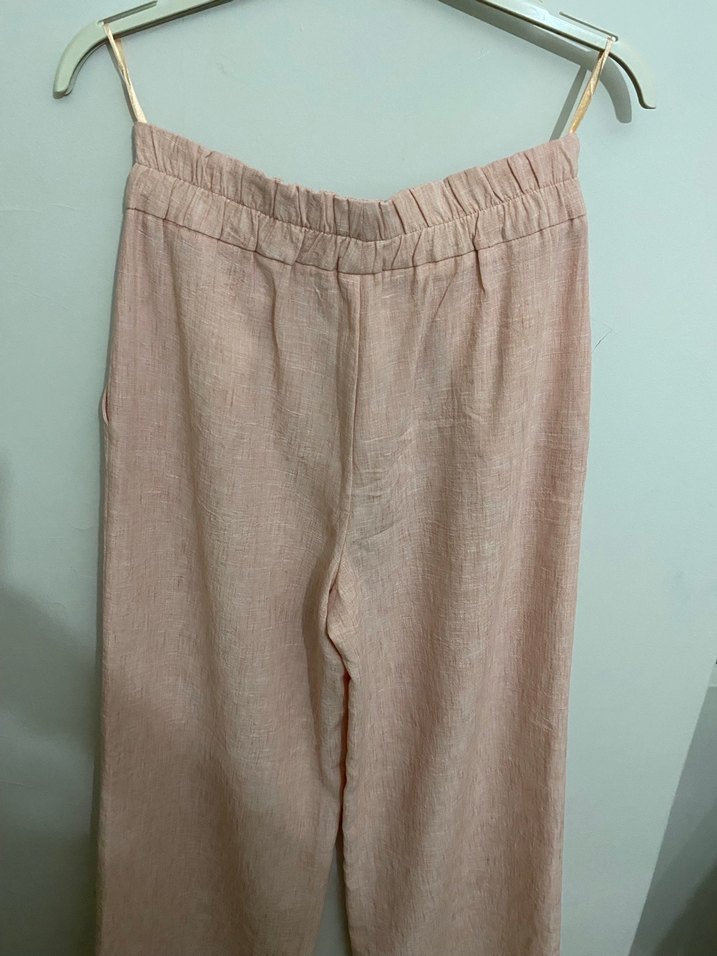 Pembe Keten Midi Pilili Kadın Pantolon - Görsel 4