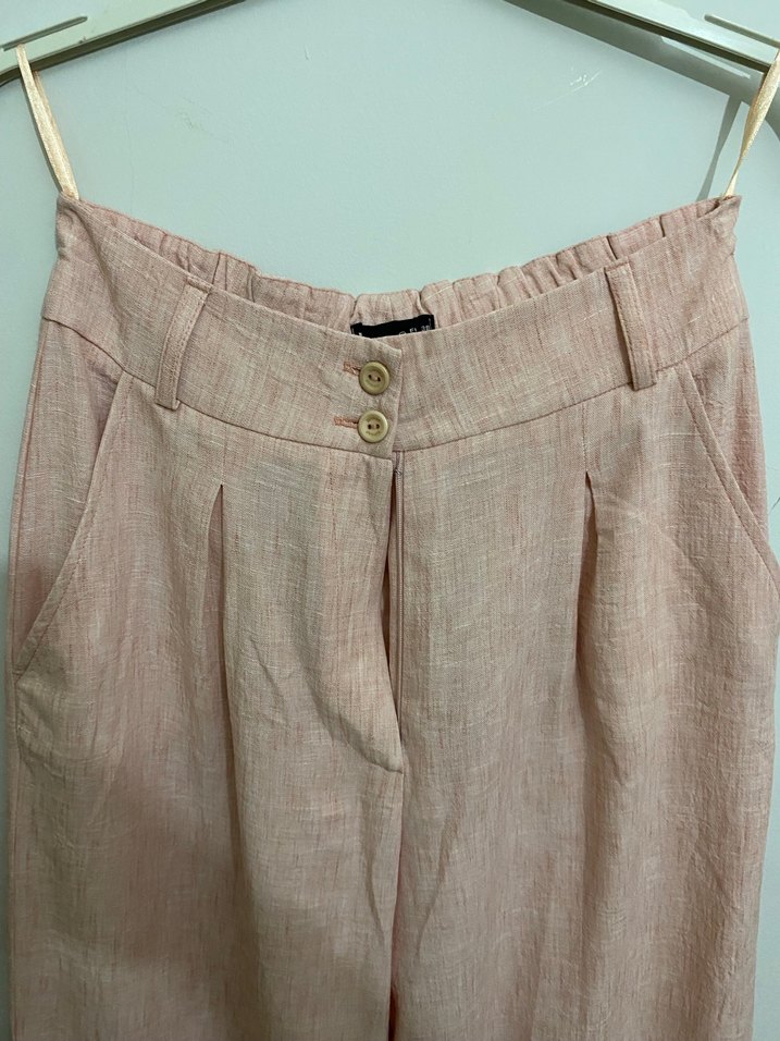 Pembe Keten Midi Pilili Kadın Pantolon - Görsel 2