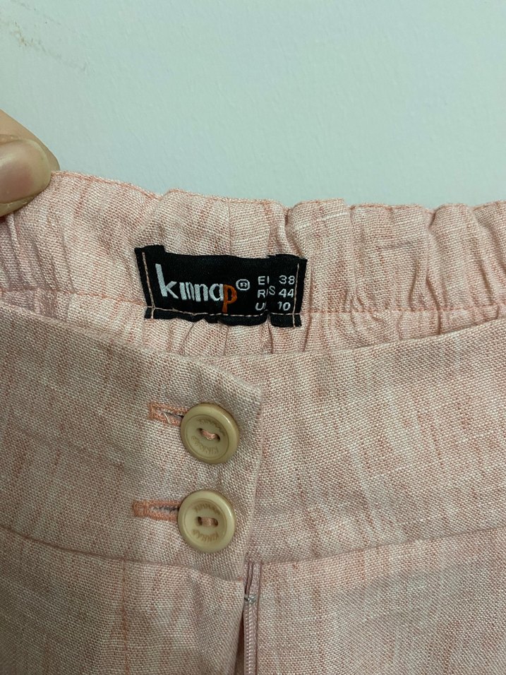 Pembe Keten Midi Pilili Kadın Pantolon - Görsel 3