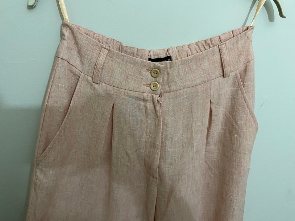 Pembe Keten Midi Pilili Kadın Pantolon - Görsel 5