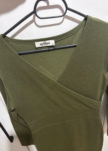 Haki Kadın V Yaka Triko Elbise - Görsel 3