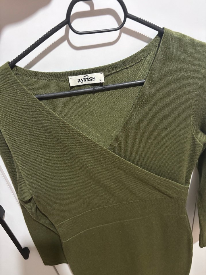 Haki Kadın V Yaka Triko Elbise - Görsel 3