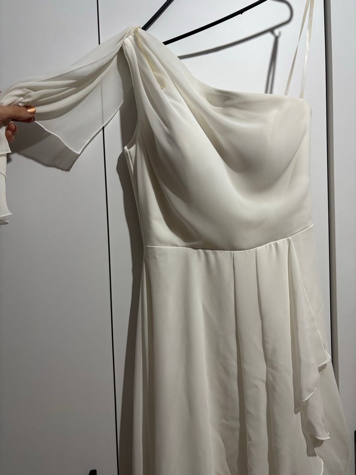 Tek Kollu, Midi Beyaz Bohem Gelinlik/Nikah Elbisesi - Görsel 4