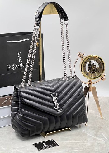 YSL Zincir Detaylı Siyah Deri Kadın Çanta