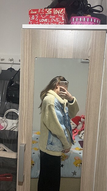 s Beden Mavi peluş kot ceket