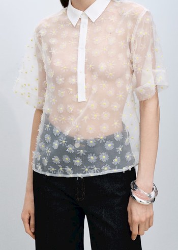 Mango Şeffaf İşlemeli Beyaz Uzun Etek ve Gömlek takım - Görsel 5