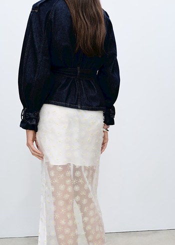 Mango Şeffaf İşlemeli Beyaz Uzun Etek ve Gömlek takım - Görsel 11