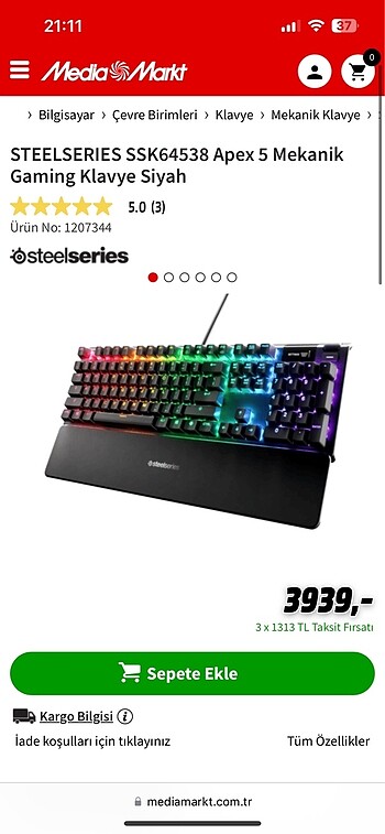 Steelseries Apex 5 mekanik oyuncu klavye