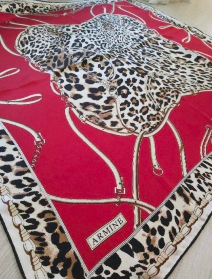 Koyu Kırmızı Leopar Desenli Bohem Kadın eşarp - Görsel 3