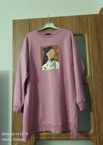 Pembe Baskılı Uzun Kollu Salaş Sweatshirt - Görsel 10