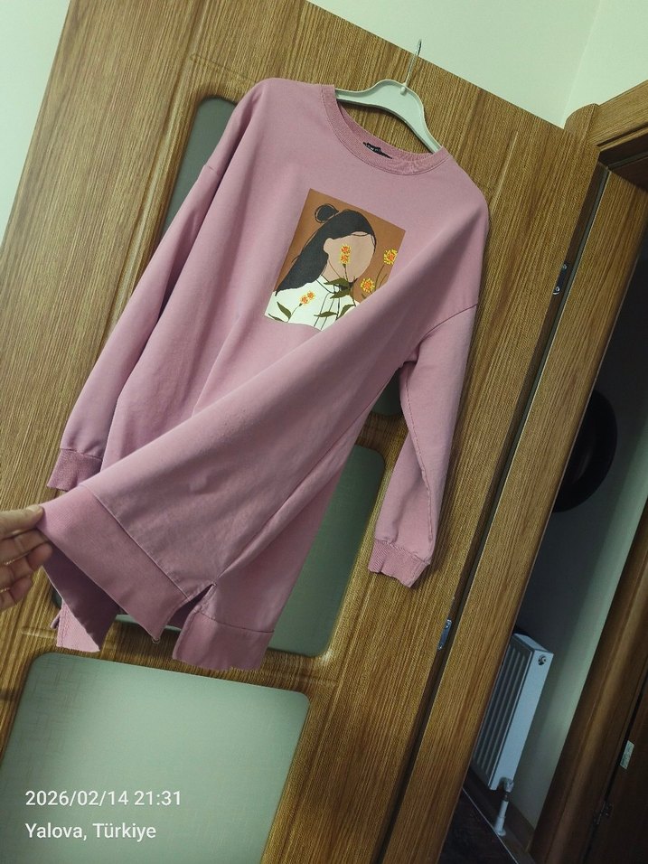 Pembe Baskılı Uzun Kollu Salaş Sweatshirt - Görsel 2