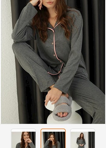 Gri Uzun Kollu Rahat Kadın Pijama Takımı - Görsel 3