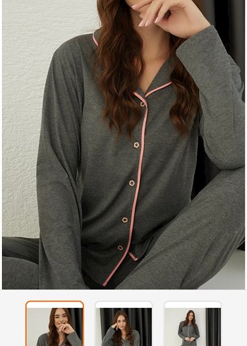 Gri Uzun Kollu Rahat Kadın Pijama Takımı - Görsel 2