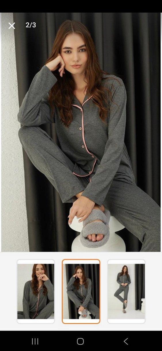 Gri Uzun Kollu Rahat Kadın Pijama Takımı - Görsel 3