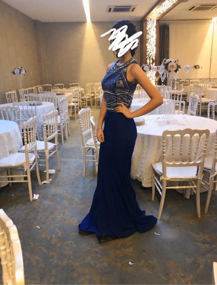 Boncuk İşlemeli Koyu Mavi Mini Abiye Elbise - Görsel 2