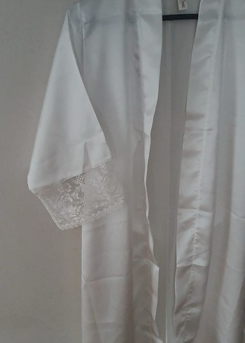 Beyaz Parlak Midi Kadın Sabahlık saten - Görsel 2