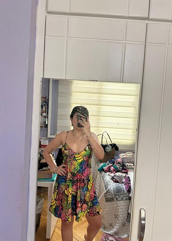 s Beden Renkli Desenli Strappy Mini Elbise