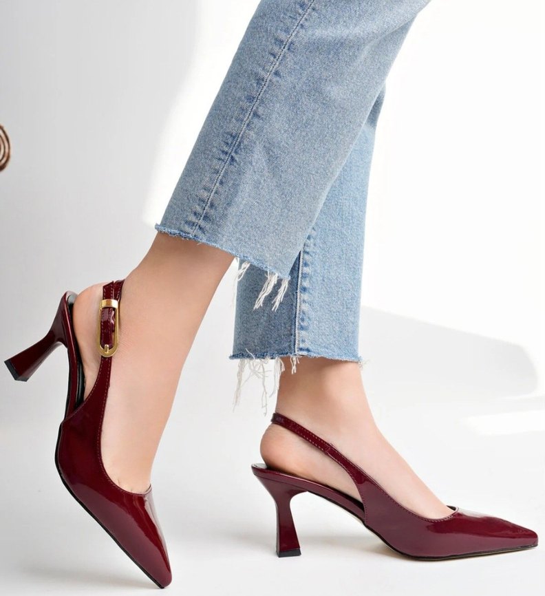 Bordo Rugan Kemerli Stiletto Kadın Topuklu Ayakkabı - Görsel 2