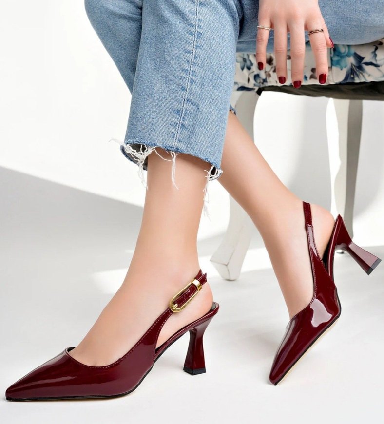 Bordo Rugan Kemerli Stiletto Kadın Topuklu Ayakkabı - Görsel 3