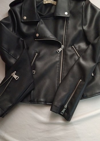 Siyah Mini Deri Biker Ceket - Görsel 6