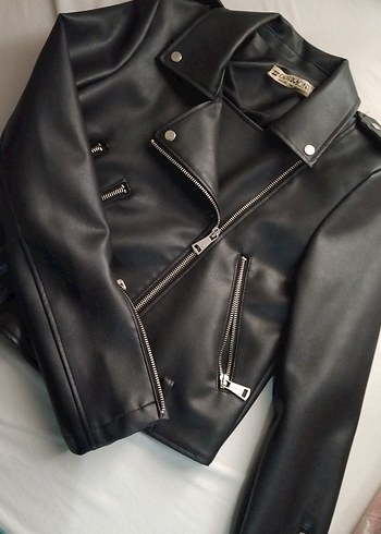 Siyah Mini Deri Biker Ceket - Görsel 2