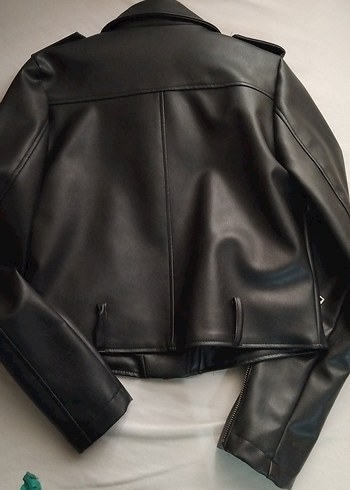 Siyah Mini Deri Biker Ceket - Görsel 4