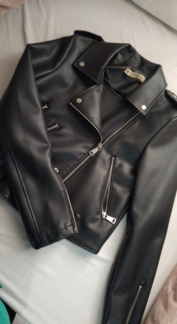 Siyah Mini Deri Biker Ceket - Görsel 2