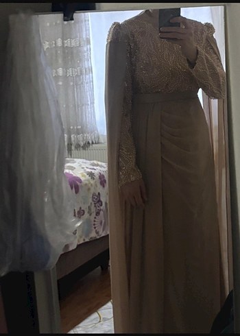 Bej Drapeli Uzun Kollu Abiye Elbise - Görsel 2