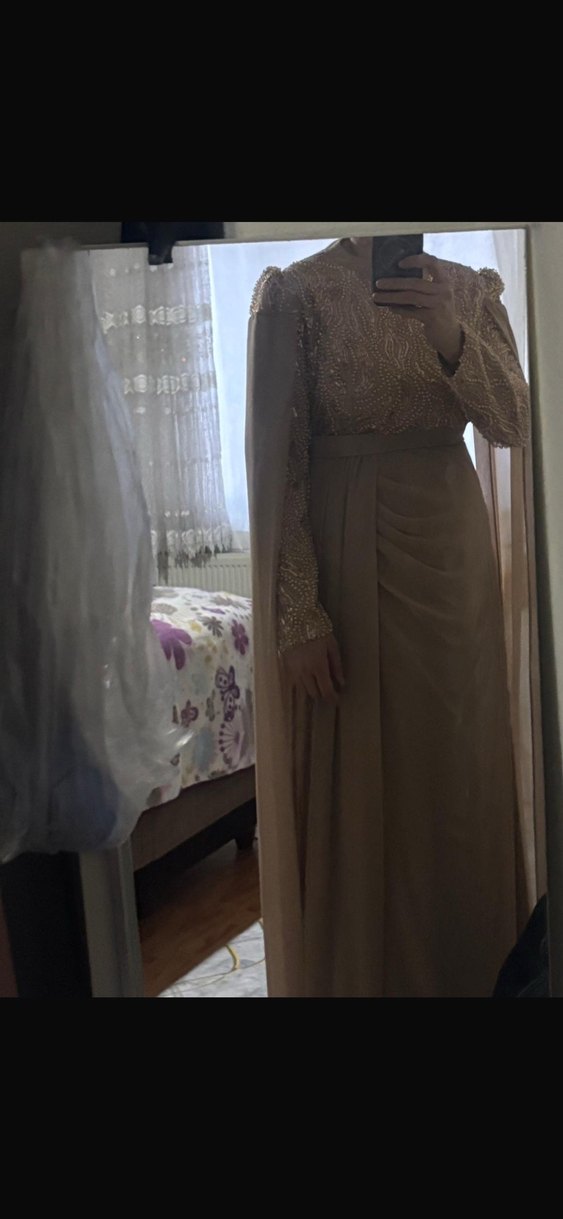 Bej Drapeli Uzun Kollu Abiye Elbise - Görsel 2