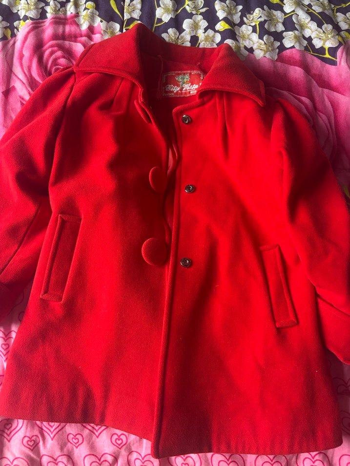 Kız Çocuk Kırmızı Kaşe Kaban ve Şapka - Görsel 2