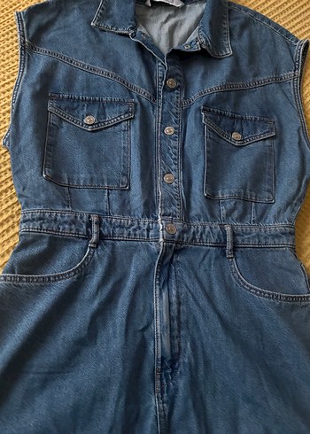 Zara Düğmeli Mavi Kadın Denim Şort Tulum - Görsel 3