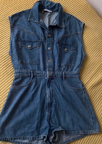 Zara Düğmeli Mavi Kadın Denim Şort Tulum - Görsel 2