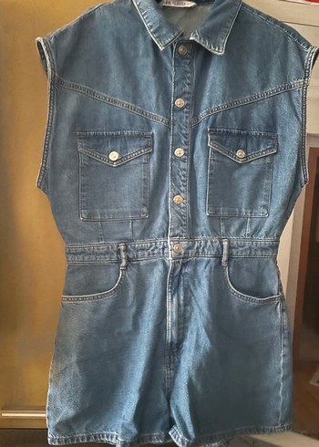 Zara Düğmeli Mavi Kadın Denim Şort Tulum - Görsel 4