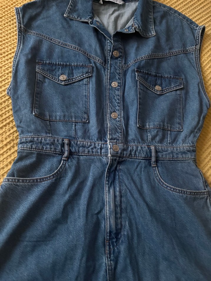 Zara Düğmeli Mavi Kadın Denim Şort Tulum - Görsel 3