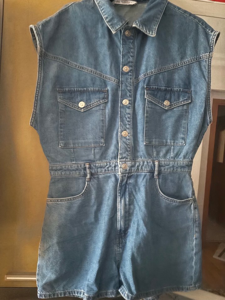 Zara Düğmeli Mavi Kadın Denim Şort Tulum - Görsel 4