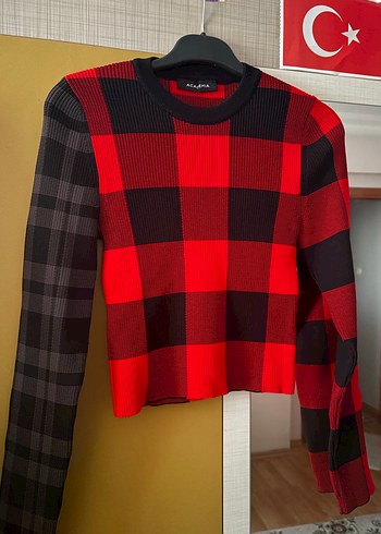 Kareli Kırmızı Triko Kadın Kazak - Görsel 2