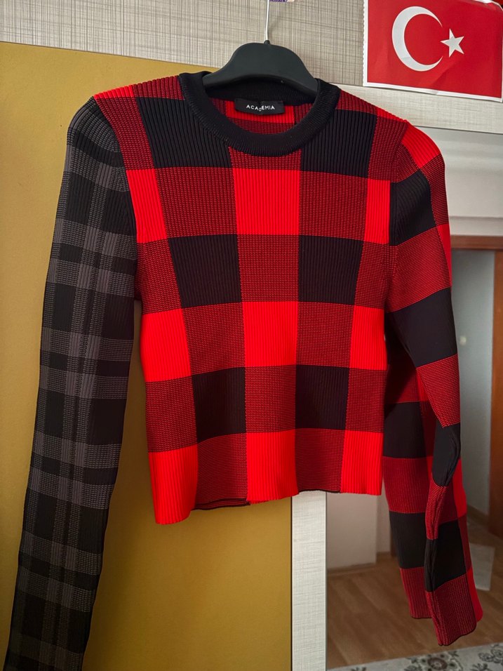 Kareli Kırmızı Triko Kadın Kazak - Görsel 2