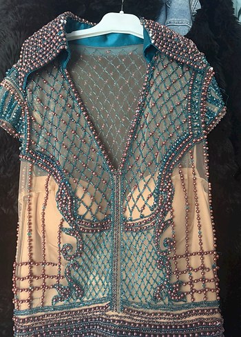 İnci İşlemeli Turkuaz Uzun Abiye Elbise - Görsel 3