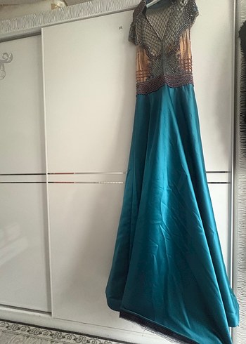 İnci İşlemeli Turkuaz Uzun Abiye Elbise - Görsel 2