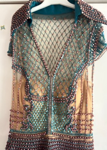 İnci İşlemeli Turkuaz Uzun Abiye Elbise - Görsel 5