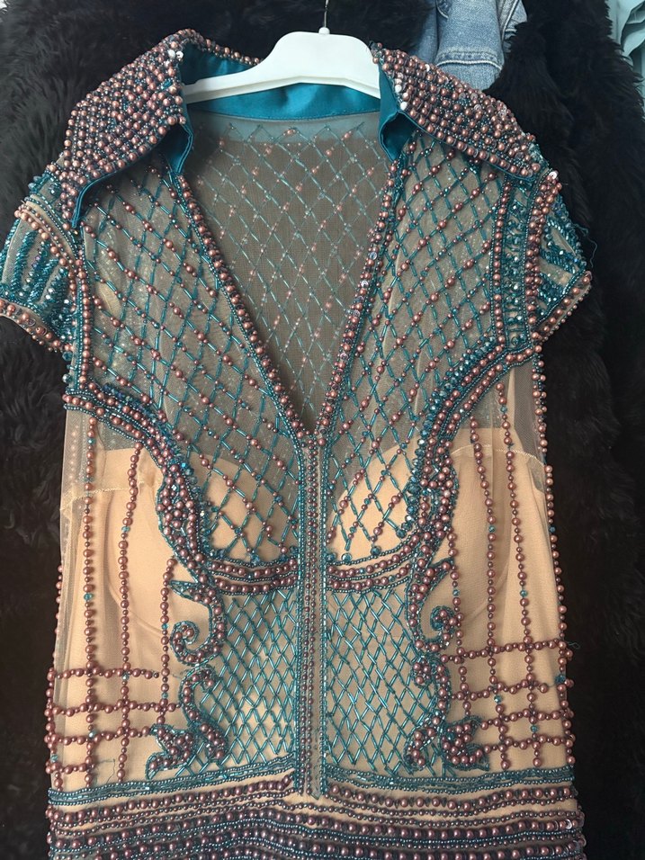 İnci İşlemeli Turkuaz Uzun Abiye Elbise - Görsel 3