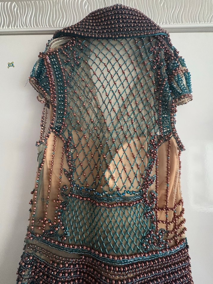 İnci İşlemeli Turkuaz Uzun Abiye Elbise - Görsel 4