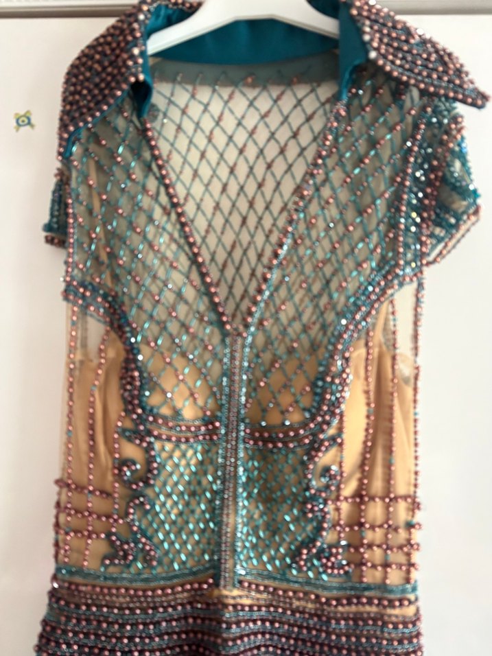 İnci İşlemeli Turkuaz Uzun Abiye Elbise - Görsel 5