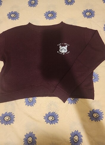 Pull and Bear Bordo Sweatshirt Kedi Detaylı
