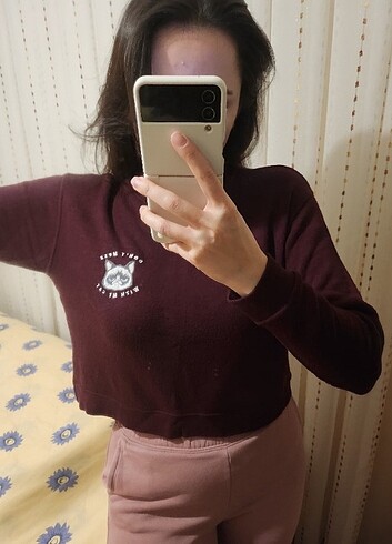 s Beden bordo Renk Pull and Bear Bordo Sweatshirt Kedi Detaylı