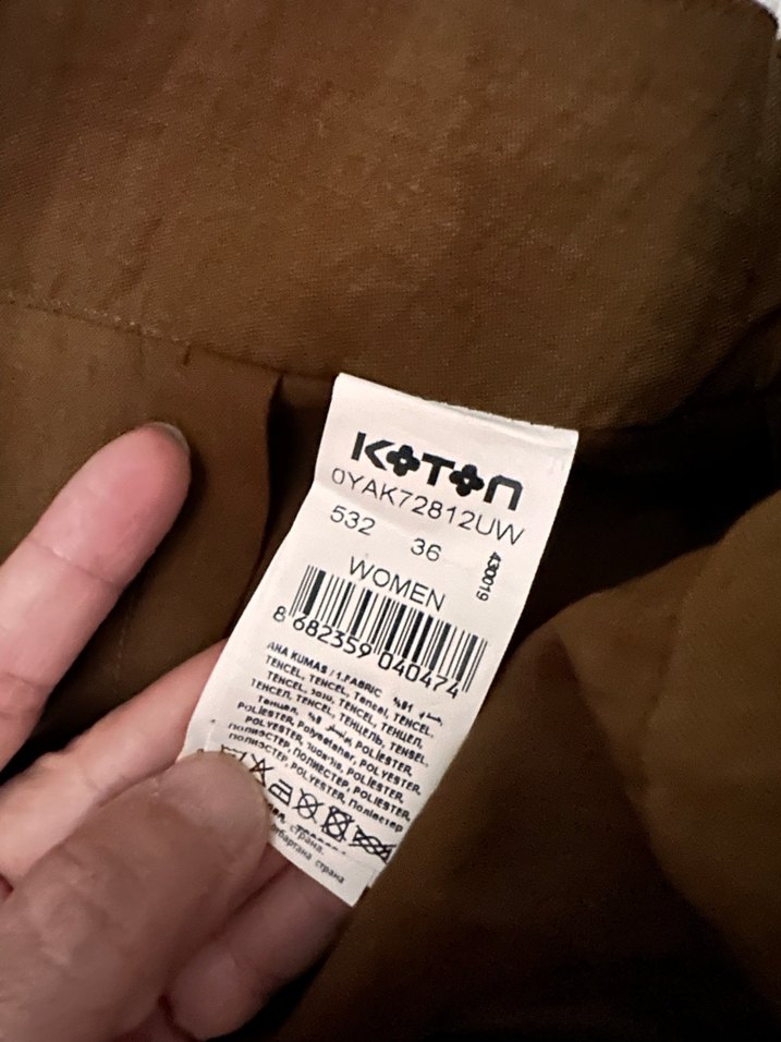 Düğmeli Kahverengi Uzun Keten Etek - Görsel 3