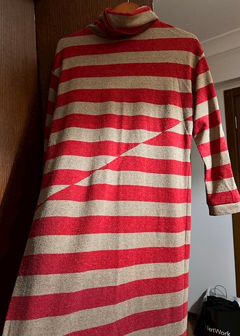 Kırmızı krem Çizgili Salaş Triko Elbise - Görsel 7