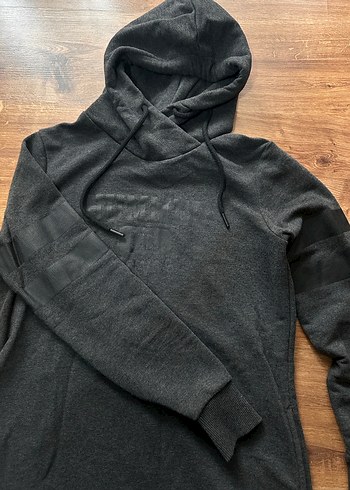 Kadın Antrasit Kapüşonlu Uzun Sweatshirt - Görsel 4