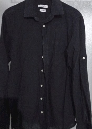 Düğmeli Siyah Erkek Keten Gömlek - Görsel 2